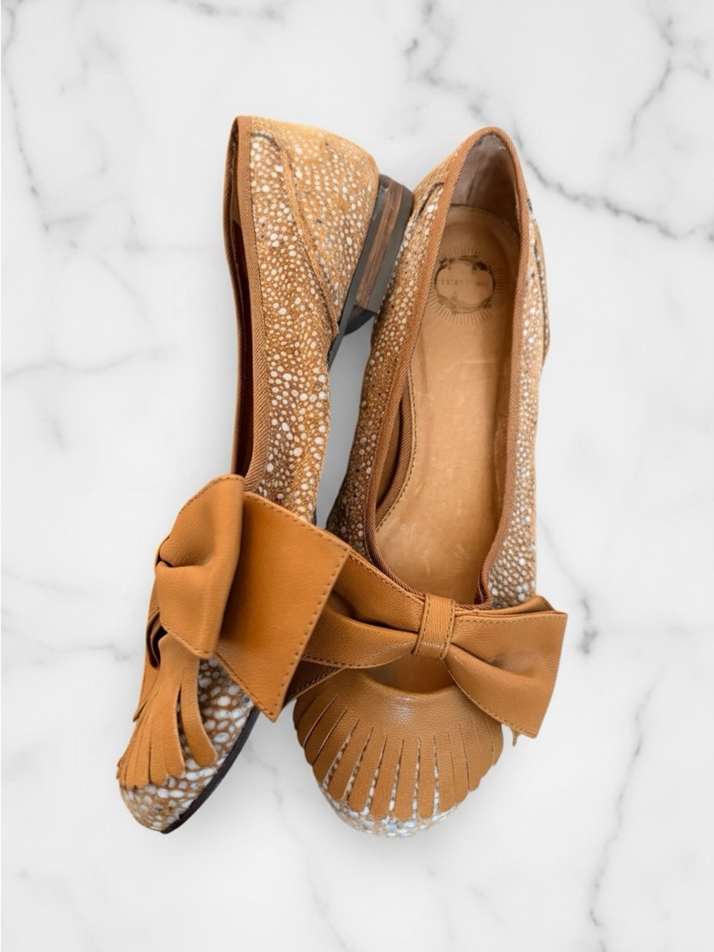 RARE!! New Anthropologie Lucky Penny Flats 7- Leather bow Y2K cottagecore